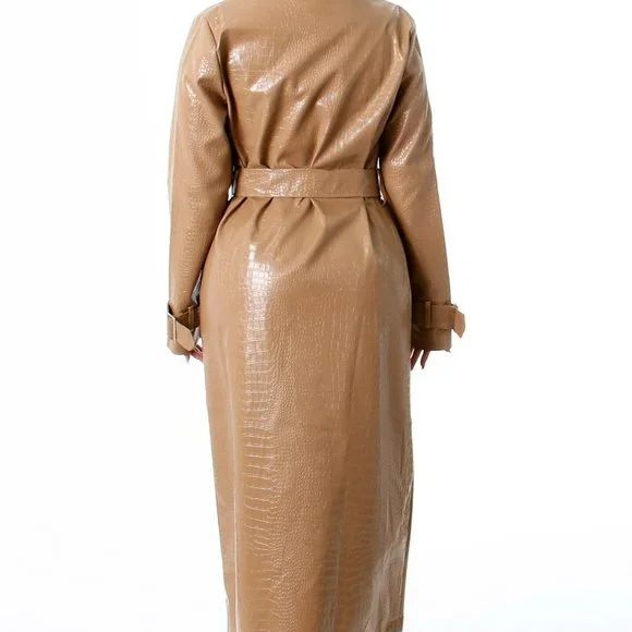 Croc Embossed Belted Trench coat man made leat Long sleeve Waist tie buc… - Picture 3 of 7